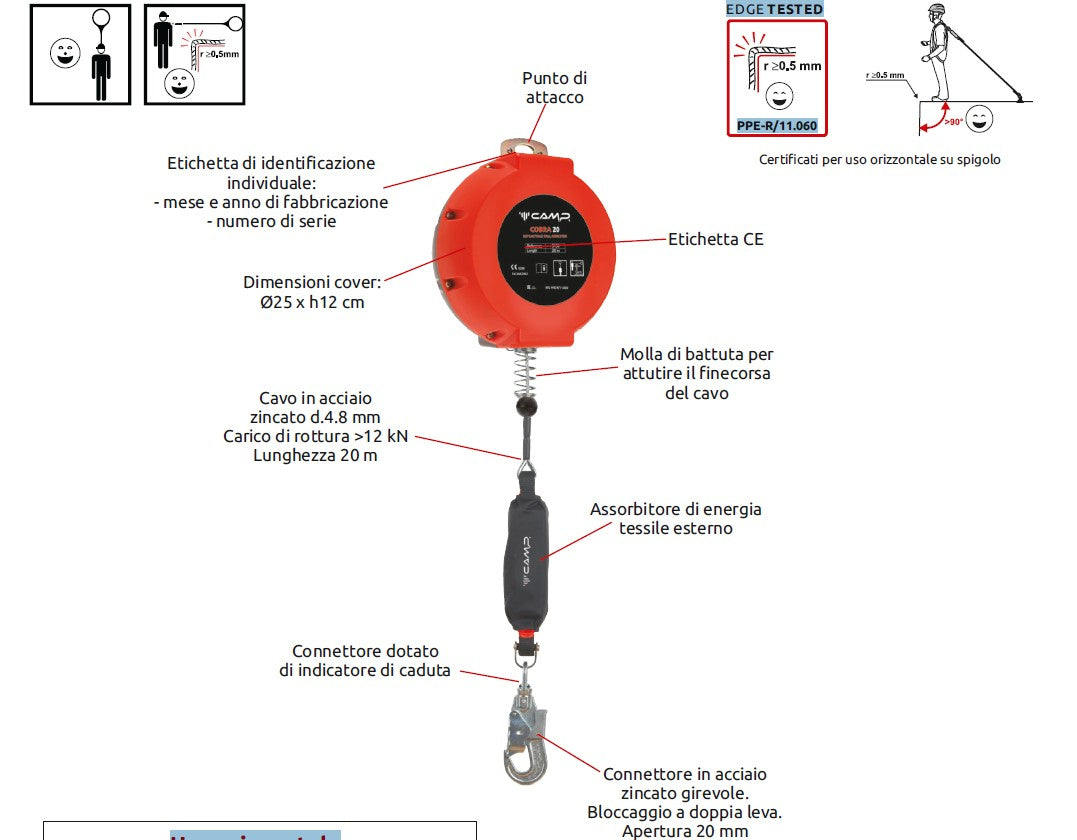 Dispositivo anticaduta retrattile CAMP COBRA 20 lunghezza cavo 20 mt per uso VERTICALE + ORIZZONTALE
