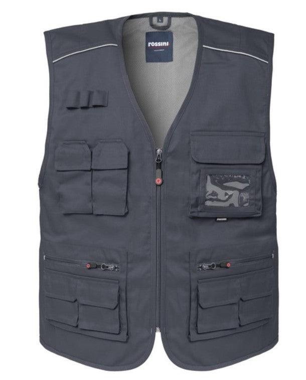 Gilet ROSSINI FLORIDA estivo con chiusura anteriore, carré anteriore con profilo rifrangente a contrasto.
65% poliestere, 35% cotone.
Peso 210 g/m².