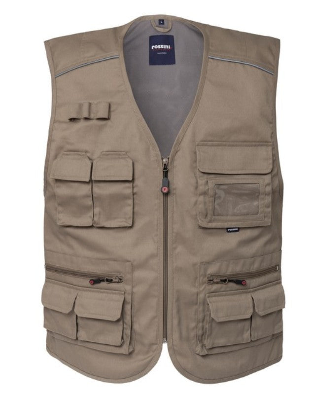 Gilet ROSSINI FLORIDA estivo con chiusura anteriore, carré anteriore con profilo rifrangente a contrasto.
65% poliestere, 35% cotone.
Peso 210 g/m².