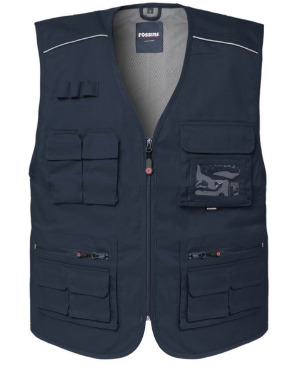 Gilet ROSSINI FLORIDA estivo con chiusura anteriore, carré anteriore con profilo rifrangente a contrasto.
65% poliestere, 35% cotone.
Peso 210 g/m².