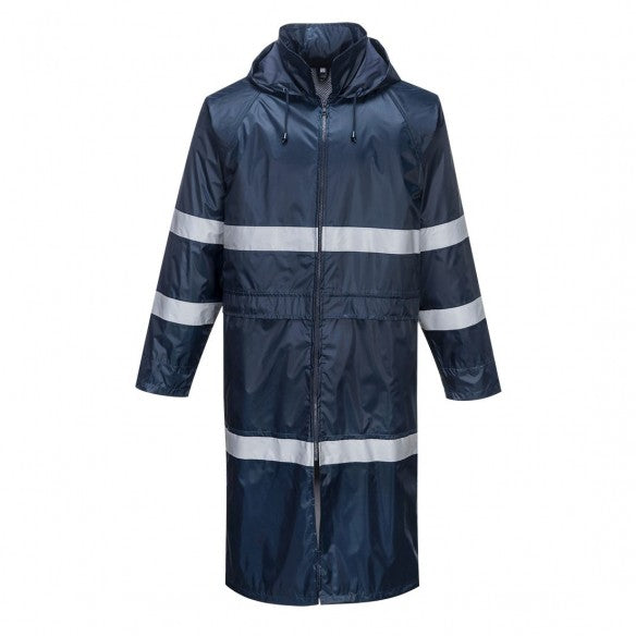 Cappotto impermeabile antipioggia Portwest Iona Rain Coat blu/argento con bande rifrangenti